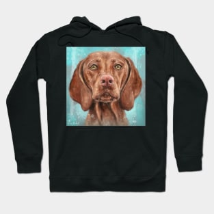 Painting of a Cute Hungarian Vizsla Looking Directly at you on a Blue Background Hoodie